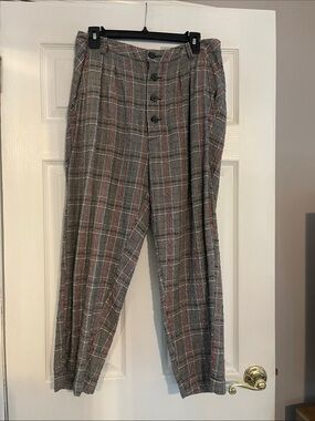 Free People Plaid High-Waist Button-Front Trousers in Gray and Red